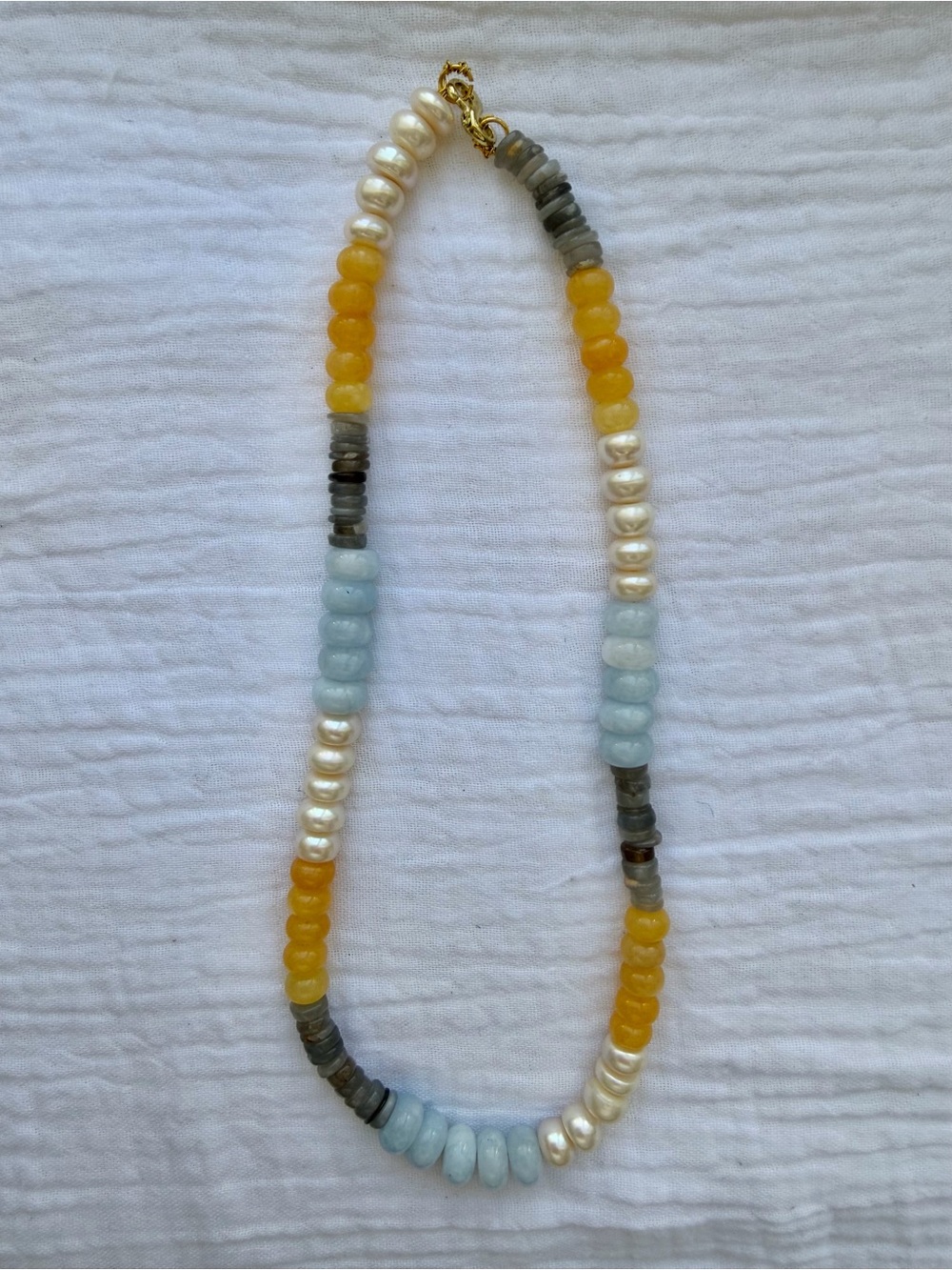 Free People Crystal Yellow, Light Blue & Bali Pearl hand beaded Necklace